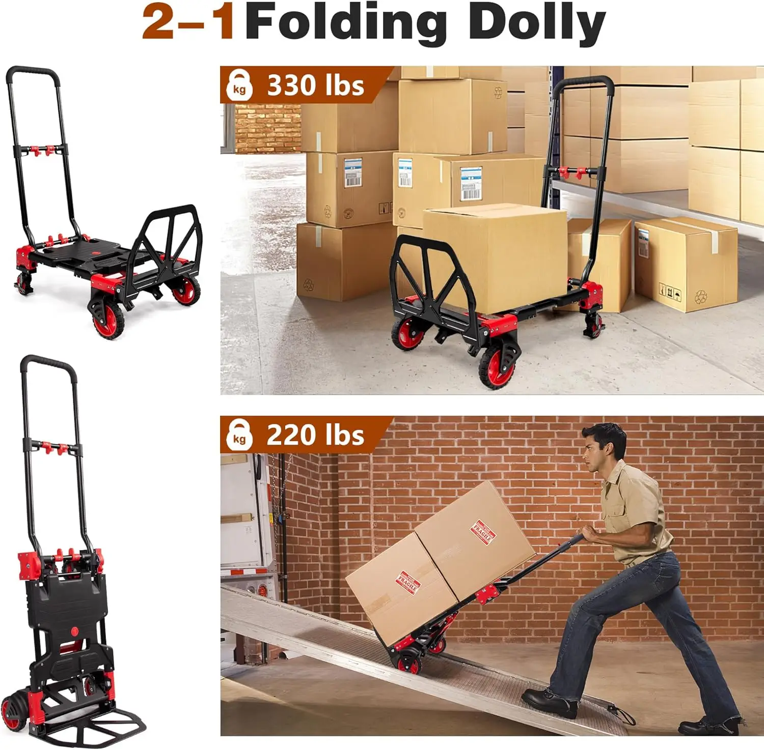 2 in 1 Folding Hand Truck Dolly with Basket,330LBS Capacity Hand Cart Foldable,Hand Truck Foldable Dolly with Retractable Handle