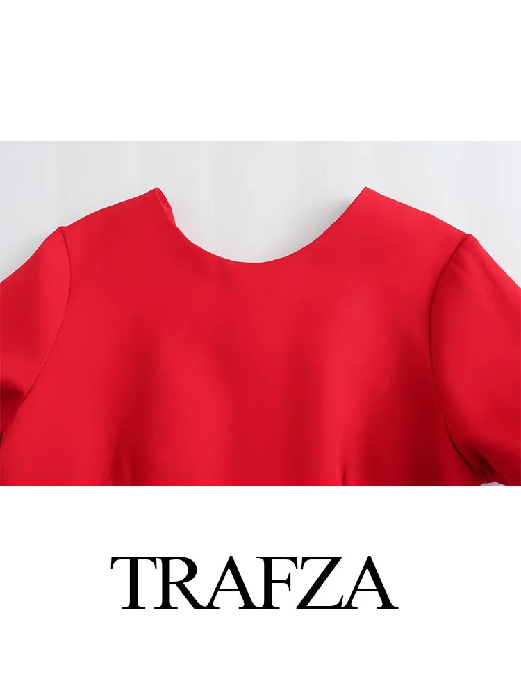 TRAFZA Summer Fashion Women Chic Jumpsuits Red O-Neck Short Sleeves Back Hollow Out Bow Decorate Female High Street Rompers