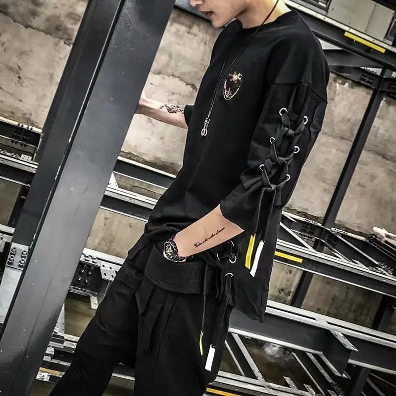 Lace‑Up Half Sleeve T‑Shirt Loose Mid Length Hip Hop Streetwear Anime Print Punk Harajuku Summer Casual Men Women Couple Tops