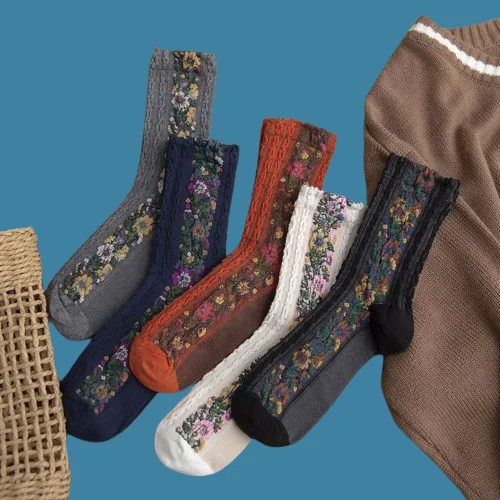 5 Pairs Mid-Calf Small Floral Socks Women's Personalized Ethnic Style Flower Dark Pattern Hemp Flower Artistic Cotton Socks