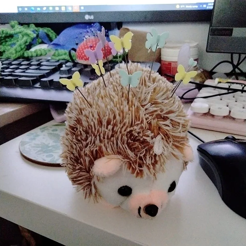 Hedgehog Pin Cushion with Pins Set Include 1 Pcs Cute Pin Cushion and 100 Pcs Butterfly Flat Head Straight Pins for Sewing DIY