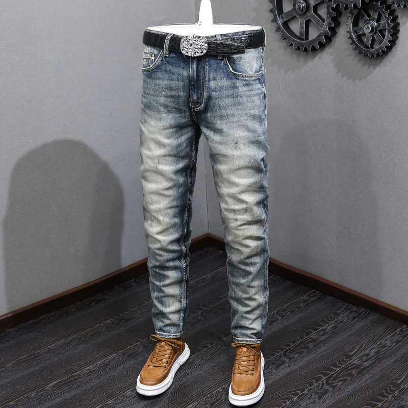 

Джинсы Red-Ear Denim для мужчин, осенние мужские джинсы, новинка 2024, уличные американские ретро высококлассные облегающие брюки до щиколотки с эффектом потертости