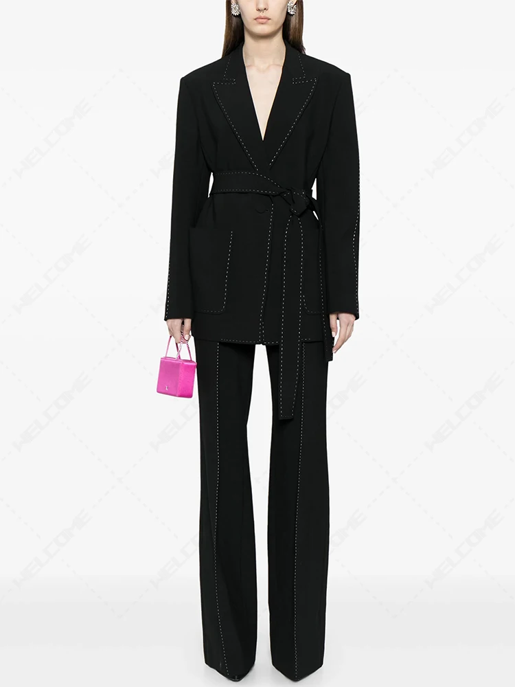 

Newest Fashion 2024 Designer Suit Set Women's Contrast Stitching Belted Blazer Pants Suit 2pcs