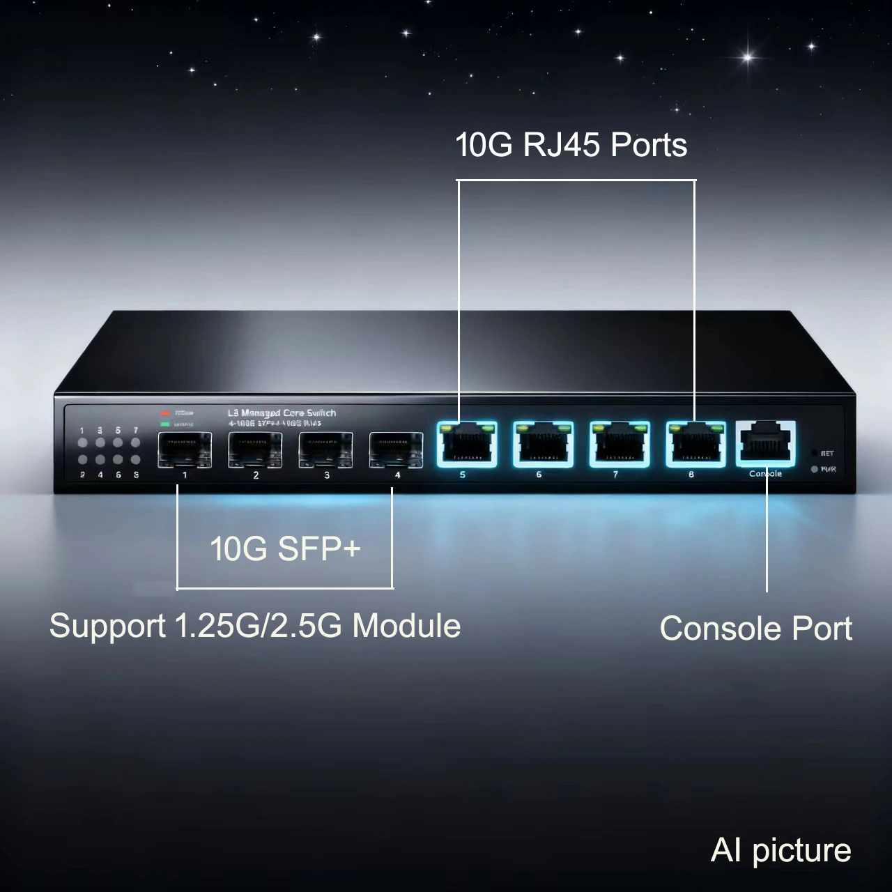 4*SFP+ and 4RJ45 Full 10Gbps 8 ports L3 network Switch