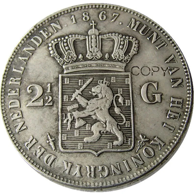 

Нидерланды, 1867 2 1/2 Gulden Willem lll Посеребренная копия декоративная монета