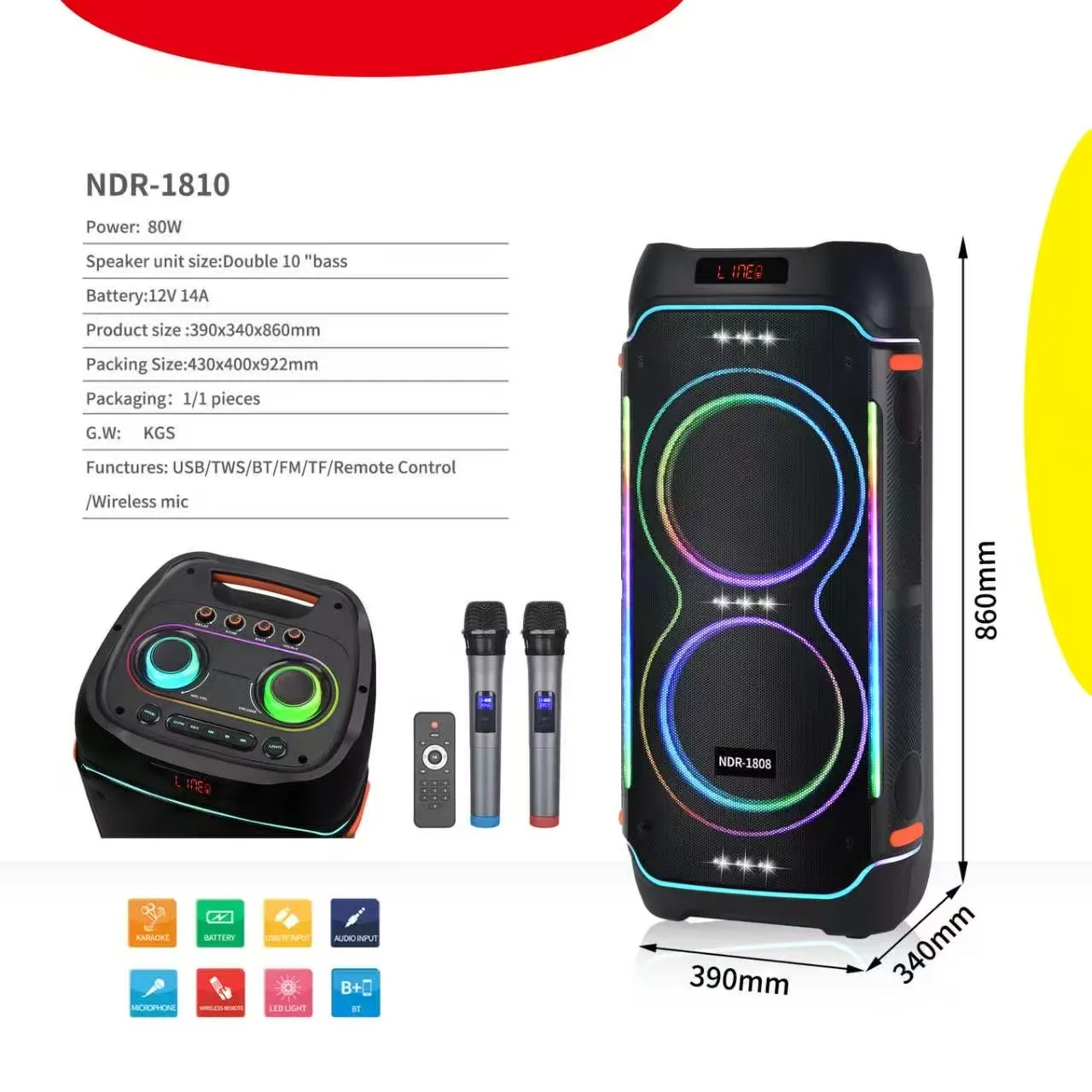 NDR-1810 Dual 10 Inch Woofer High Power Speaker Quadruple Tweeter  Rechargeable Battery for Karaoke Factory Direct Sales