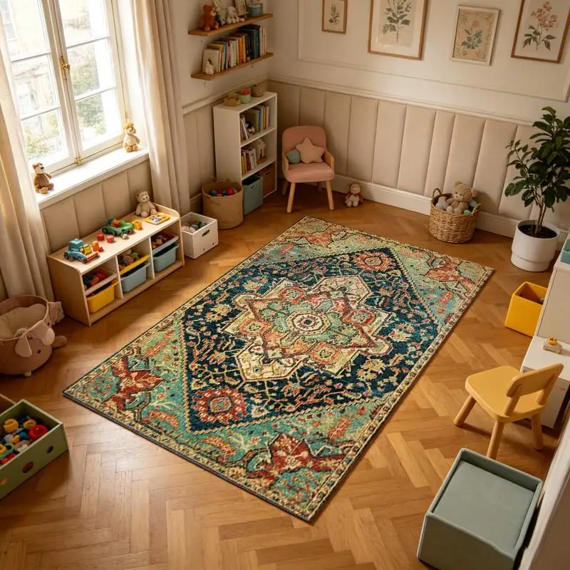 Antique Oriental Distressed Diamond Carpet Flooring, Retro Traditional Square Rug for Home Styling