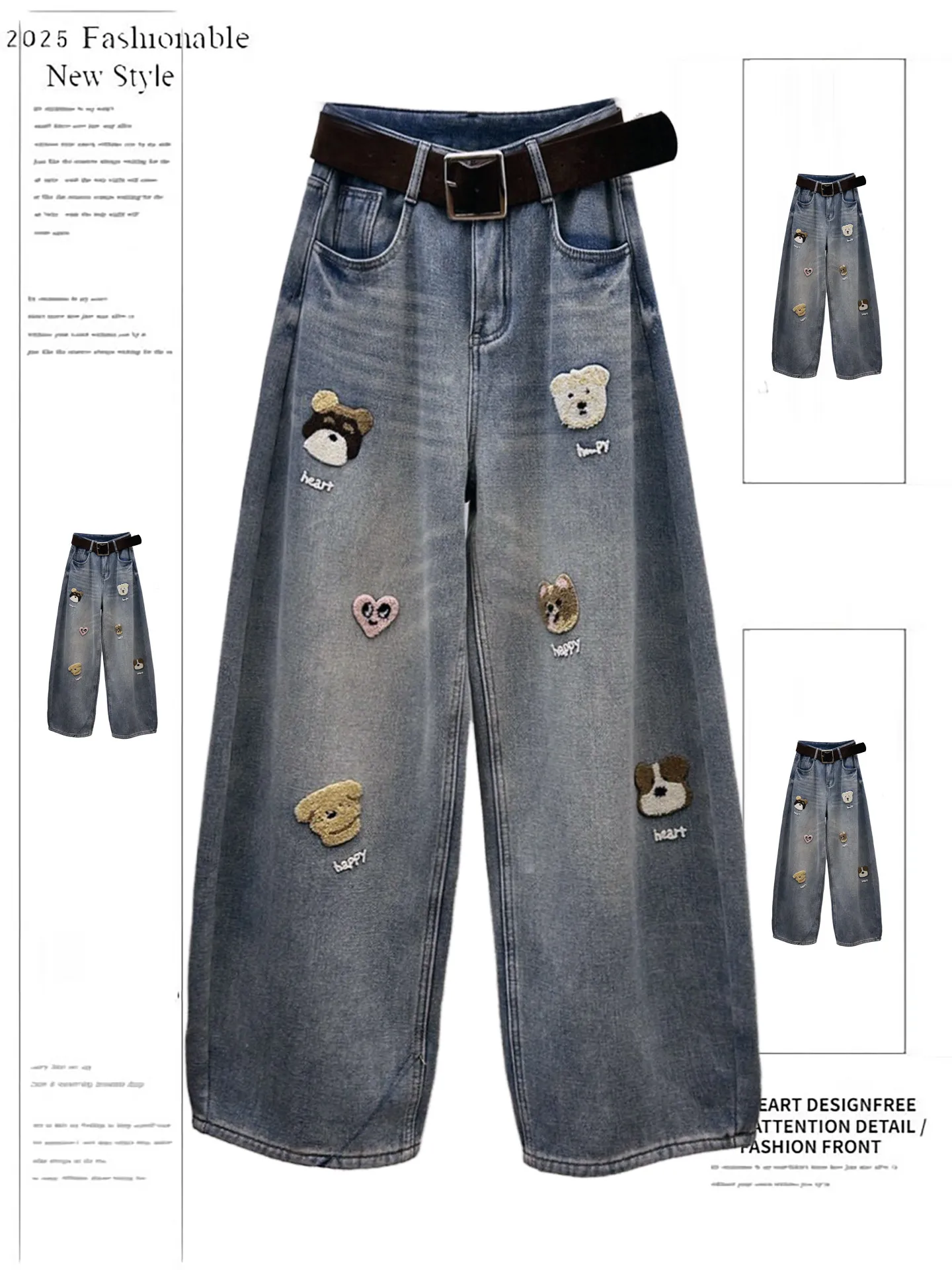 

American Style Street Cartoon Embroidered Jeans Loose Fit Straight Leg Pants for Men And Women Spring Autumn New Arrival