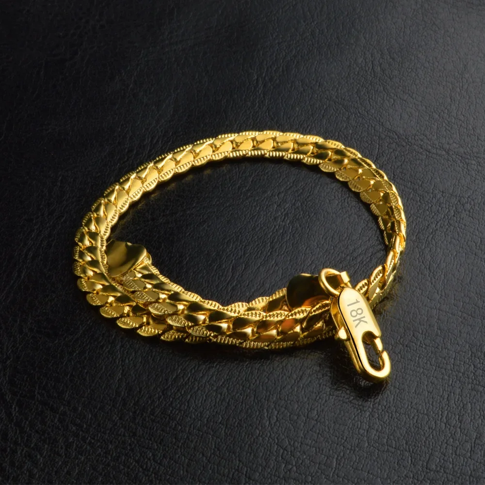 Pulseras de Plata de Ley 925 Clásicas con Cadena Plana Lateral de 5 mm y Oro de 18K para Hombre y Mujer, Regalos de Boda, Joyería de Moda
