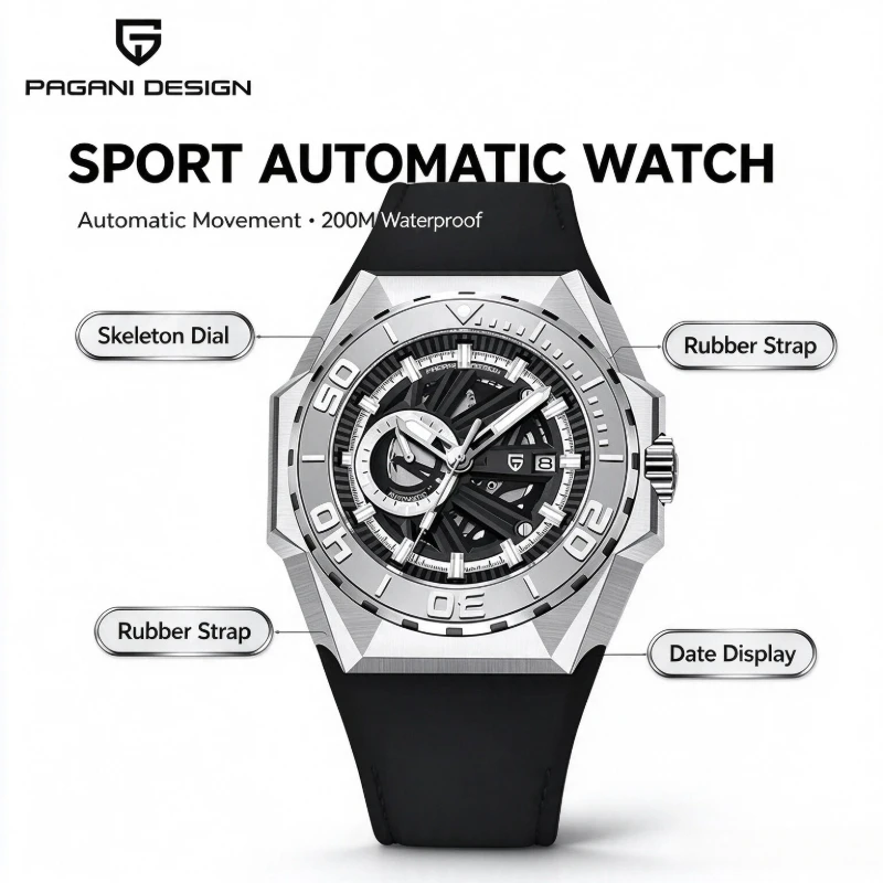 PAGANI DESIGN Men's Hollow Mechanical Watch Stainless Steel 200M Water Resistant Automatic Wristwatch Reloj Hombre