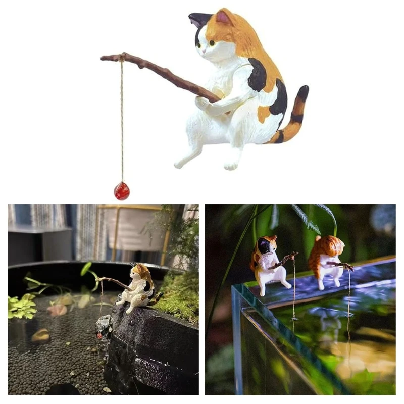 Fishing Cat Ornaments Aquarium Decoration Fish  Landscaping Cartoon Cat Statue Mini Resin Figurine Home Decorations