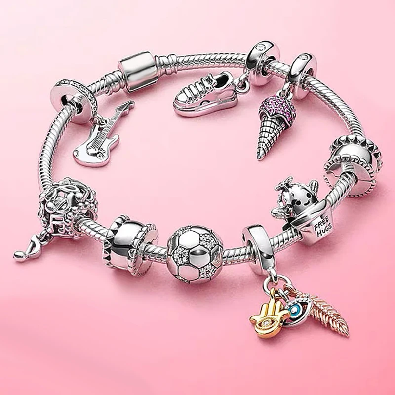 

100%925 sterling silver Spring Eye cactus soccer guitar ice cream shoe bee high quality fashion pan bracelet jewelry