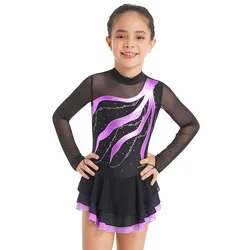 Vestido de collant de ginástica com malha para meninas, mangas compridas, patinação artística, trajes de palco, strass dancewear, crianças