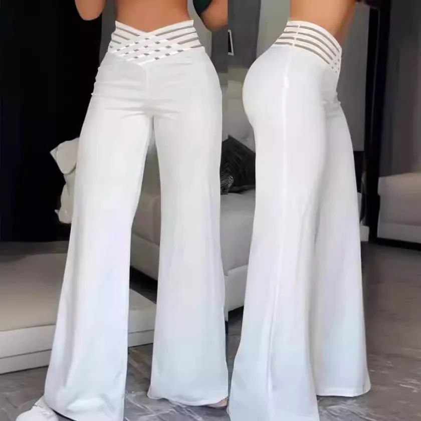 

2024 Summer Women Hollow Flared Pants High Waist Casual Slimming Wide Leg Pants Elegant Office Long Trousers Female Clothing