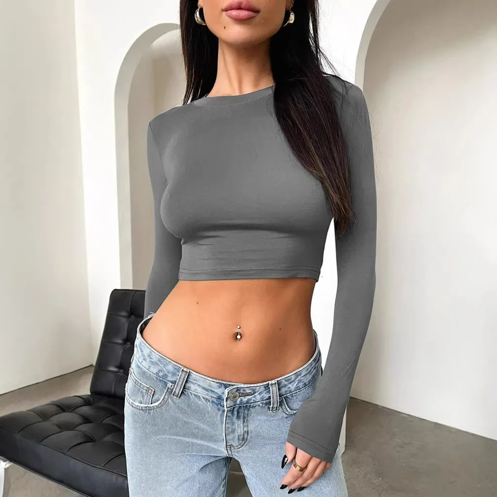 

2026 European And American Style Hot Girl Solid Color Round Neck Long Sleeve Crop Top Slim Fit Short T-Shirt