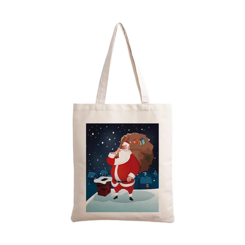 

Cartoon Xmas Santa Shopper Bag Lady Student Tote Handbag Merry Christmas Both Print Reusable Foldable Casual Canvas Shopping Bag