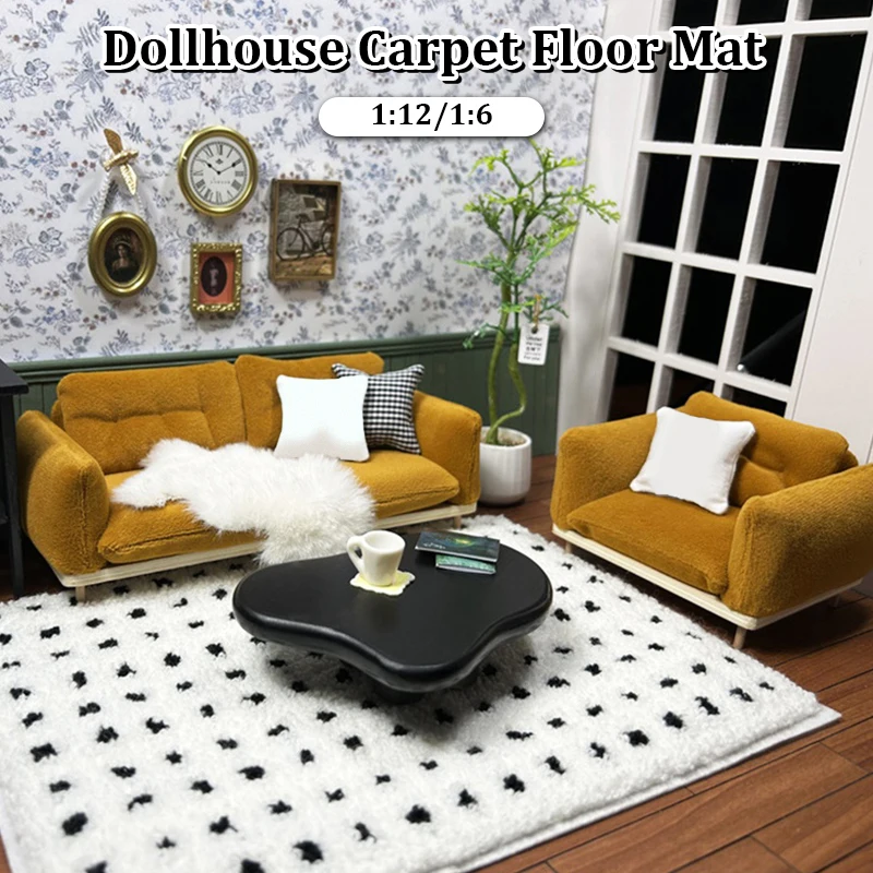 1:12/1:6 Dollhouse Miniature Carpet Plush Black Plaid Floor Mat Mini Simulation Rug Mat Model Living Room Bedroom Home Decor