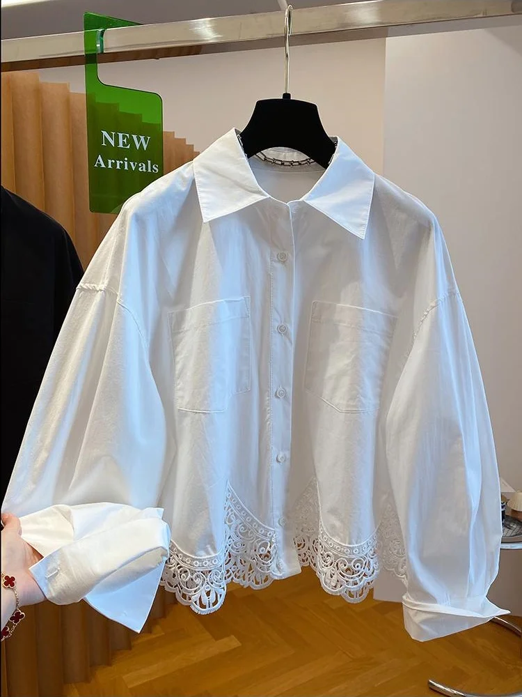 

Design Sense Niche Lace Patchwork Short Shirt 2025 Spring Autumn Women Elegant Blouse Fashion Femae Long Sleeve Shirt