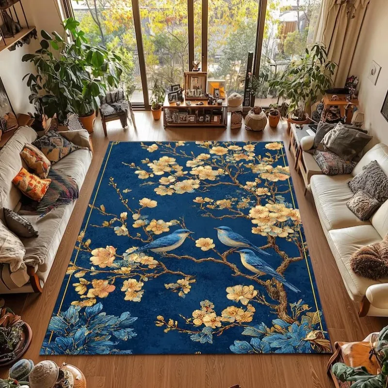 Vintage Persian Oriental Blue Floral Area Rug Traditional Medallion Border Non Slip Floor Carpet for Living Room Home Decor