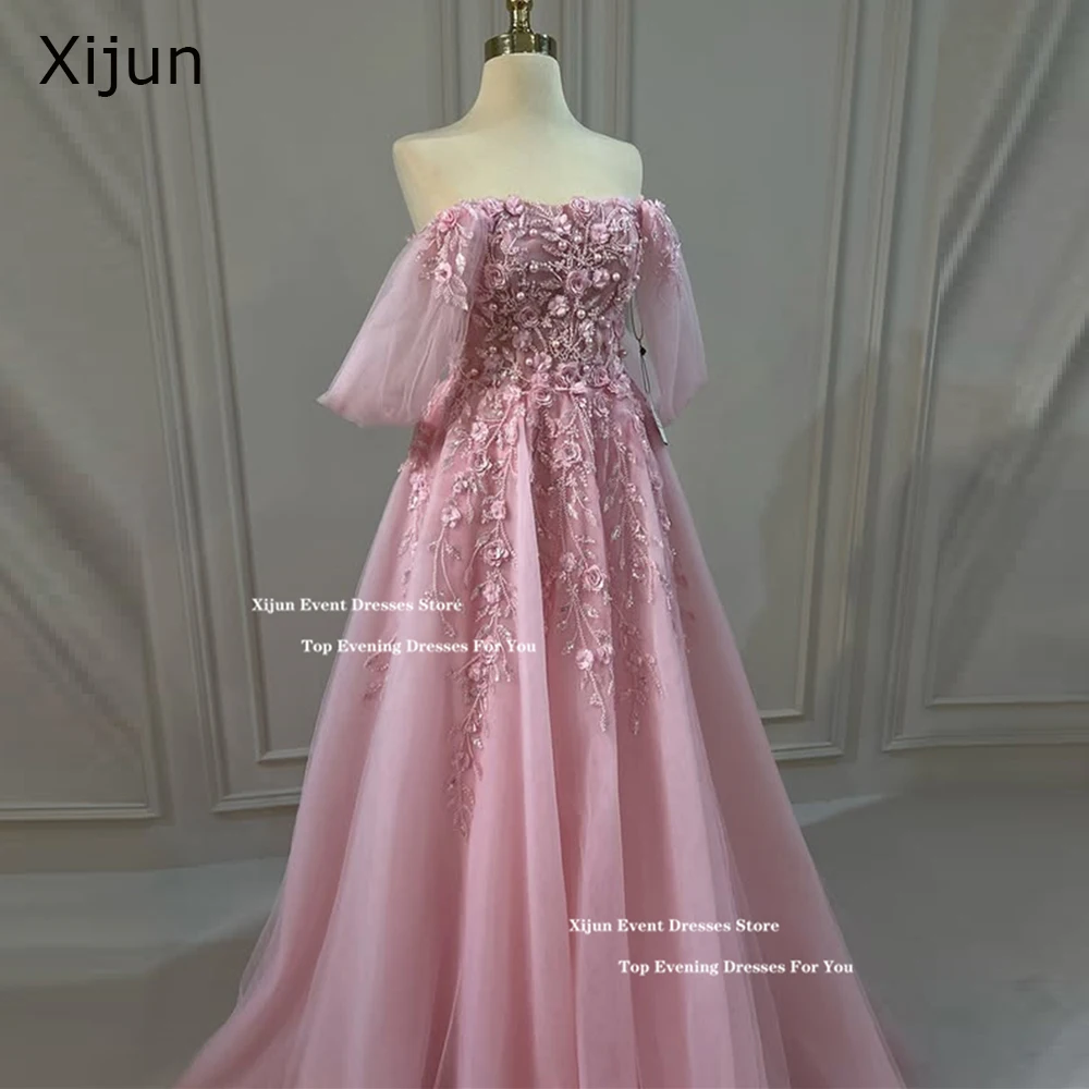 

Xijun Princess Pink Luxury Evening Dresses A-Line Flower Appliques Beads Prom Dresses Off The Shoulder Prom Gown 2025 Customized