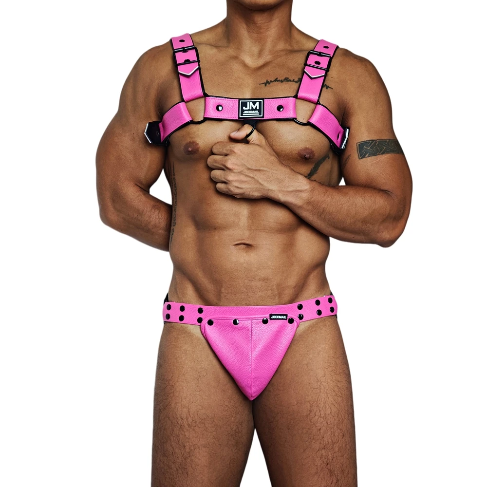 JOCKMAIL Muscle Men Harness Shoulder Strap Tank Top Jockstrap Two Piece Bodysuit  Lingerie Sets PU  Adjust  Athletic Supporters