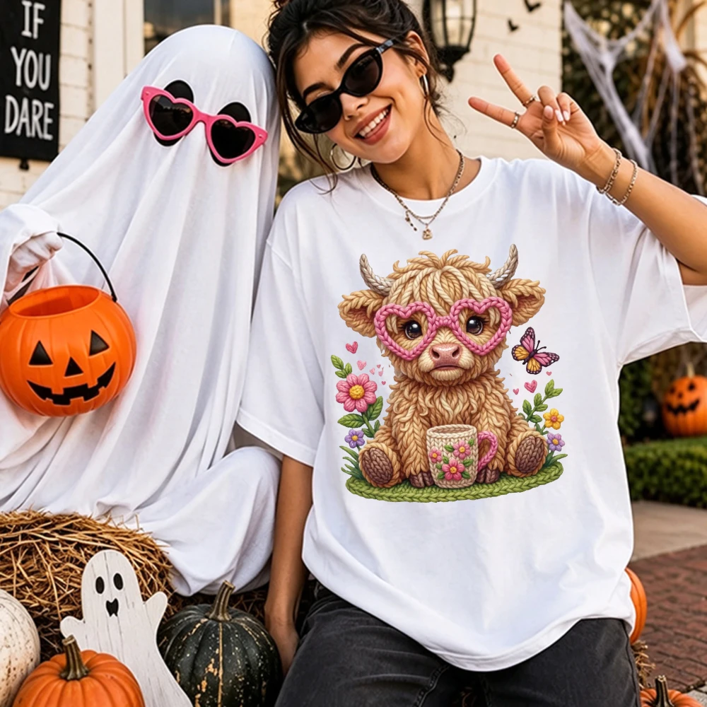 Cute Highland Cow Graphic T Shirt Men Women Pink Heart Glasses Cotton Short Sleeve Top Halloween Spooky Season Y2K Casual Tees