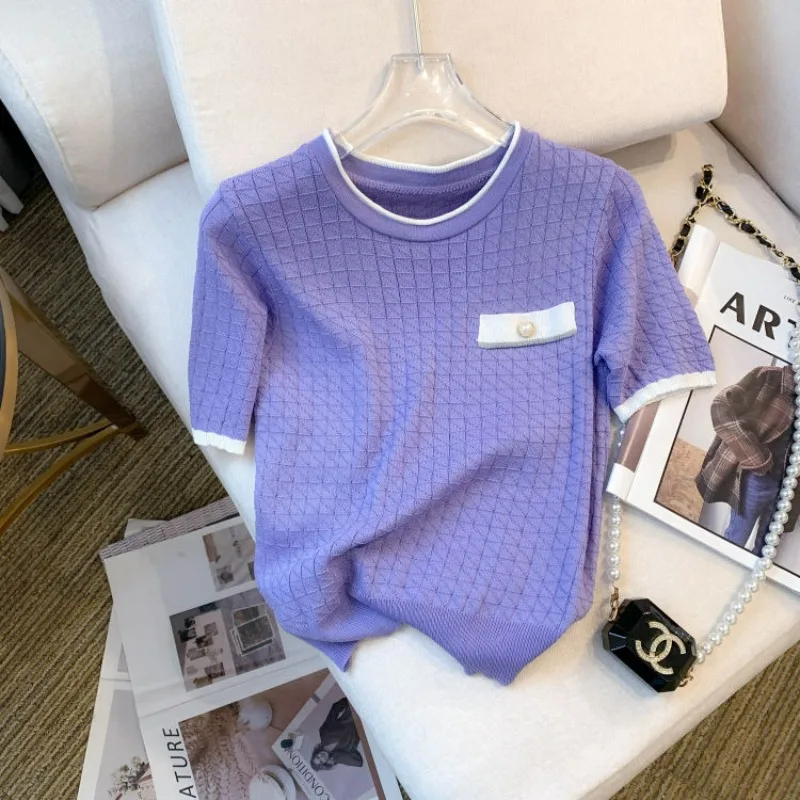 French Temperament Commuter Simple Round Neck Women's Summer New Pullover Ice Silk Knitted Sweater Short-sleeved T-shirt