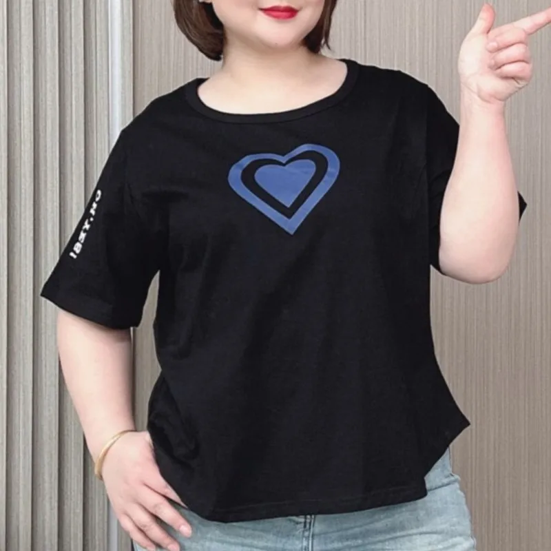 Love Print Irregular Short Sleeve T-shirt Women 2024 Summer New Plus Size Casual Cotton Tees