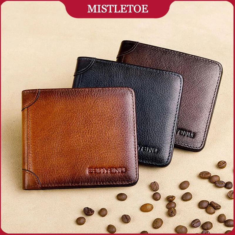 RFID Protection Man Short Trifold Wallet Casual Cowhide Genuine Leather Money Clip Wallet for Men Gifts