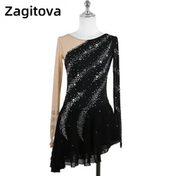 Zagitova-Vestido de patinação artística para mulheres e meninas, saia de competição, diamante brilhante, preto, performance