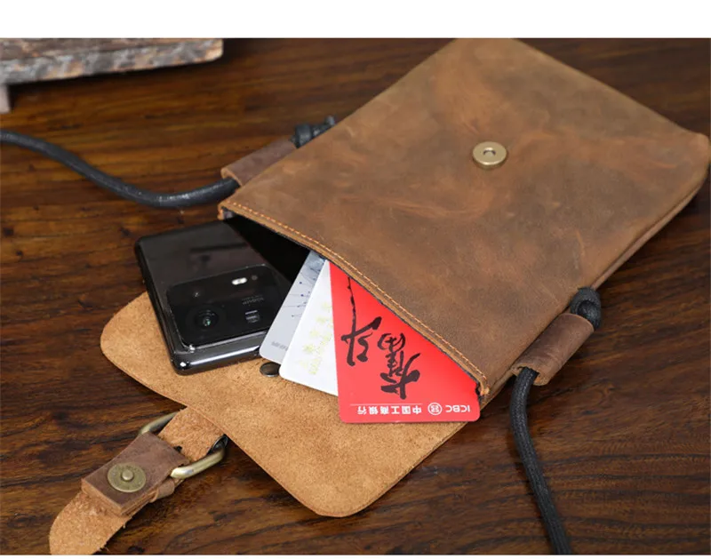 Mode Vintage Echt leder Herren kleine Telefon Umhängetasche Outdoor Freizeit wochen ende verrückte Pferd Rindsleder Mini Umhängetasche – Detail 23