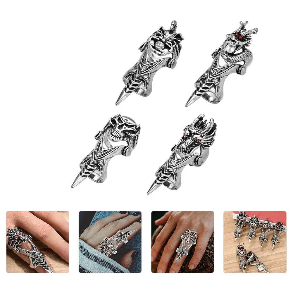 4pcs Punk American Style Rings Dragon Skull Rings Hand Decors Stylish Hand Wears Retro Ring Knuckle Ring