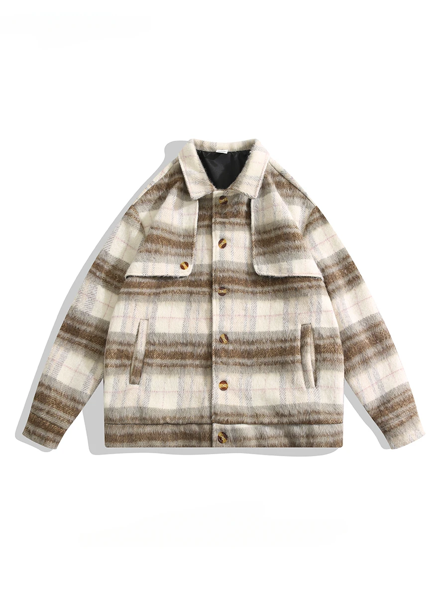 

Autumn Winter Korean Style Youth Plush Plaid Lapel Jackets Men's Trendy High-end Niche Casual Versatile Single-breasted Coats