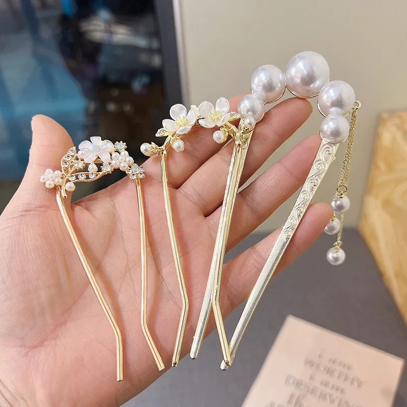 New Retro Temperament Pearl U-shaped Hairpin Pill Head Plate Hair Ware Hairpin Hairpin Headwear Wholesale