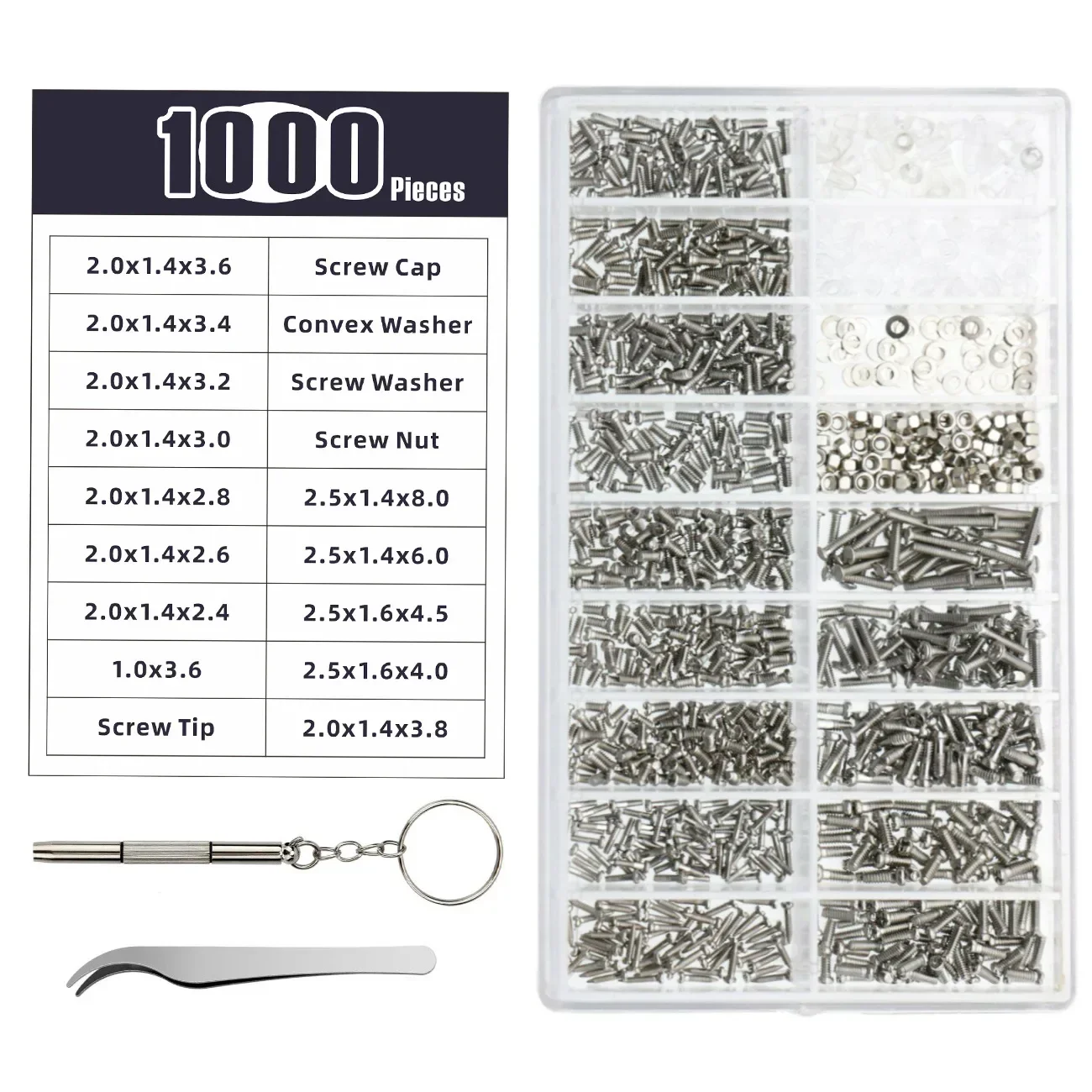 1000pcs Glasses Screws With Screwdriver Tweezers Repair Kit Complete Glasses Screws Mini Screws Screws for Glasses Phone Watches