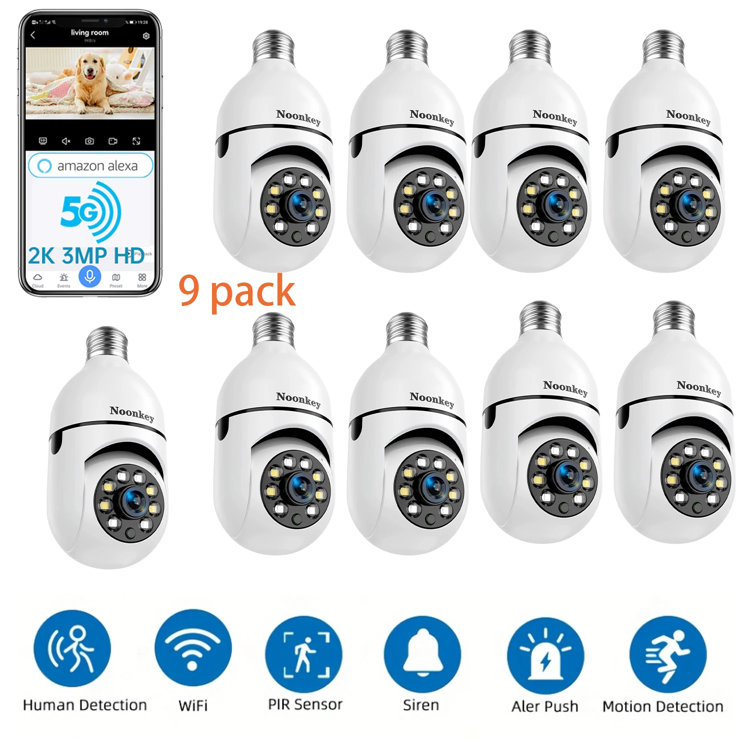 

[9Pcs] 2K Light Bulb Security Camera, 2.4g Wi-Fi, Motion/Sound/Light Alarm, 2-Way Audio, Alexa, Easy Install, Indoor/Outdoor
