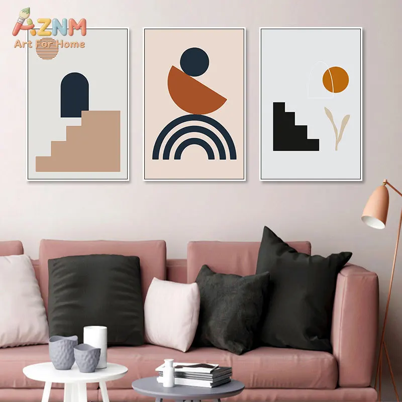 AZNM Boho Abstract Geometric Line Figure Canvas Wall Art Neutral Color Minimalist Print Unframed Canvas Painting For Modern Livi