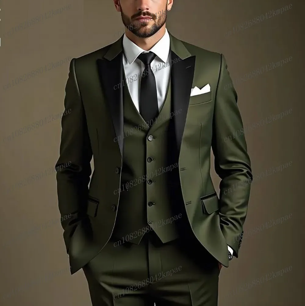

Черный воротник, армейский зеленый мужской костюм для торжественных случаев, жениха, жениха, свадебной вечеринки, выпускного вечера, мужские смокинги, комплект из 3 предметов, блейзер, жилет, брюки