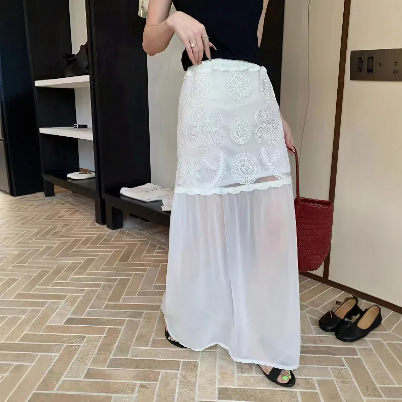 

Splice Mesh Lace Long Skirt Female Spring Summer Appliques Embroidery High Waist Slim Hip Fishtail Trumpert Skirt A Line Skirt