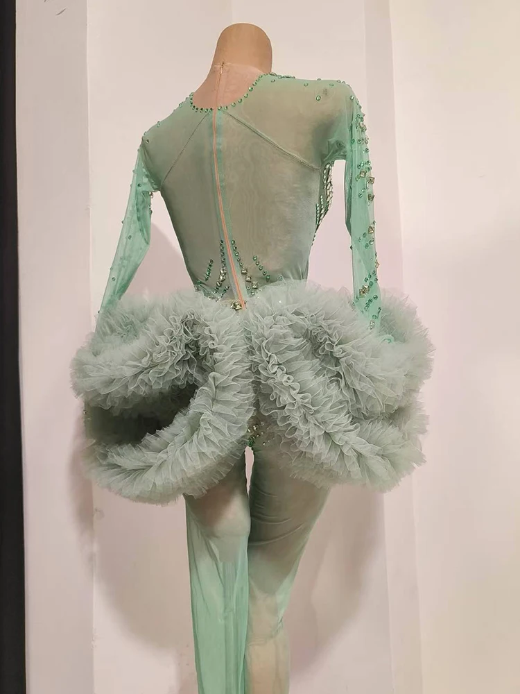 Sparkly Green Rhinestone Bodysuit Nightclub Performance Costumes Women Special Occassion Drag Queen Costume Nightclub Show Wear