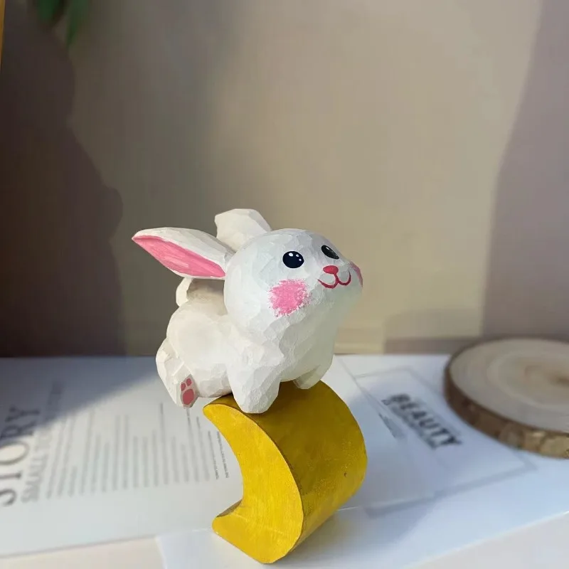 

1 шт. Креативный деревянный резной статуэтка-кролик из нефрита с луной, расписанный вручную, декор для офисного стола, украшение для дома, сувенир