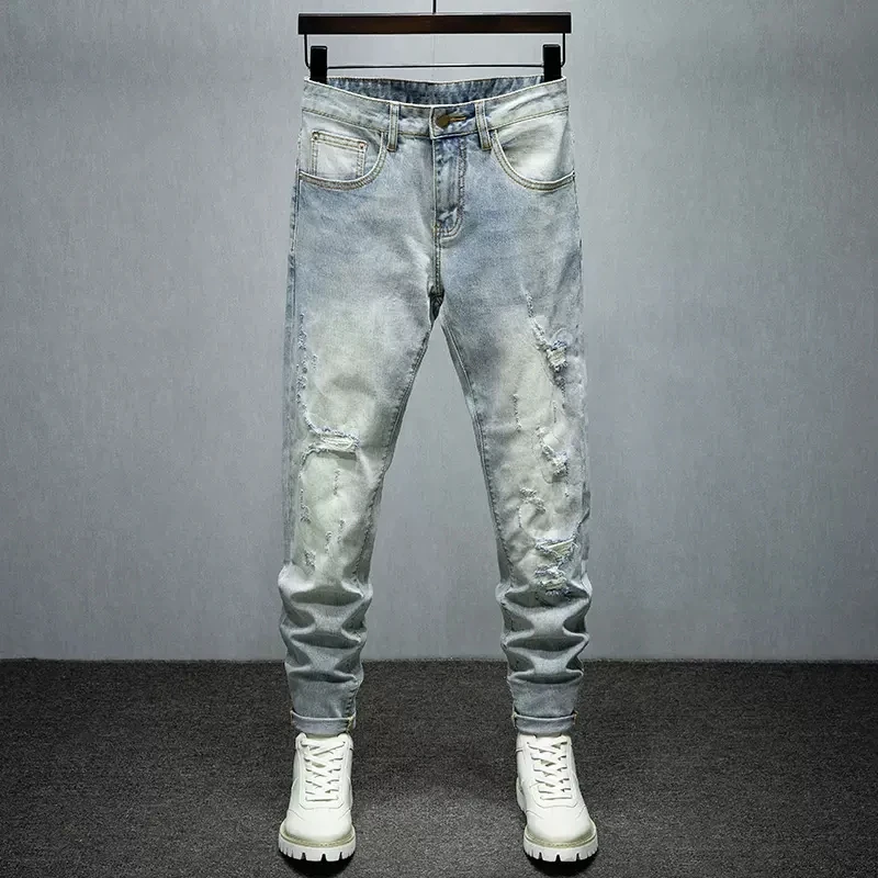 Fashion Designer Men Jeans High Quality Retro Blue Elastic Skinny Fit Hole Ripped Jeans Men Vintage Denim Pencil Pants Hombre