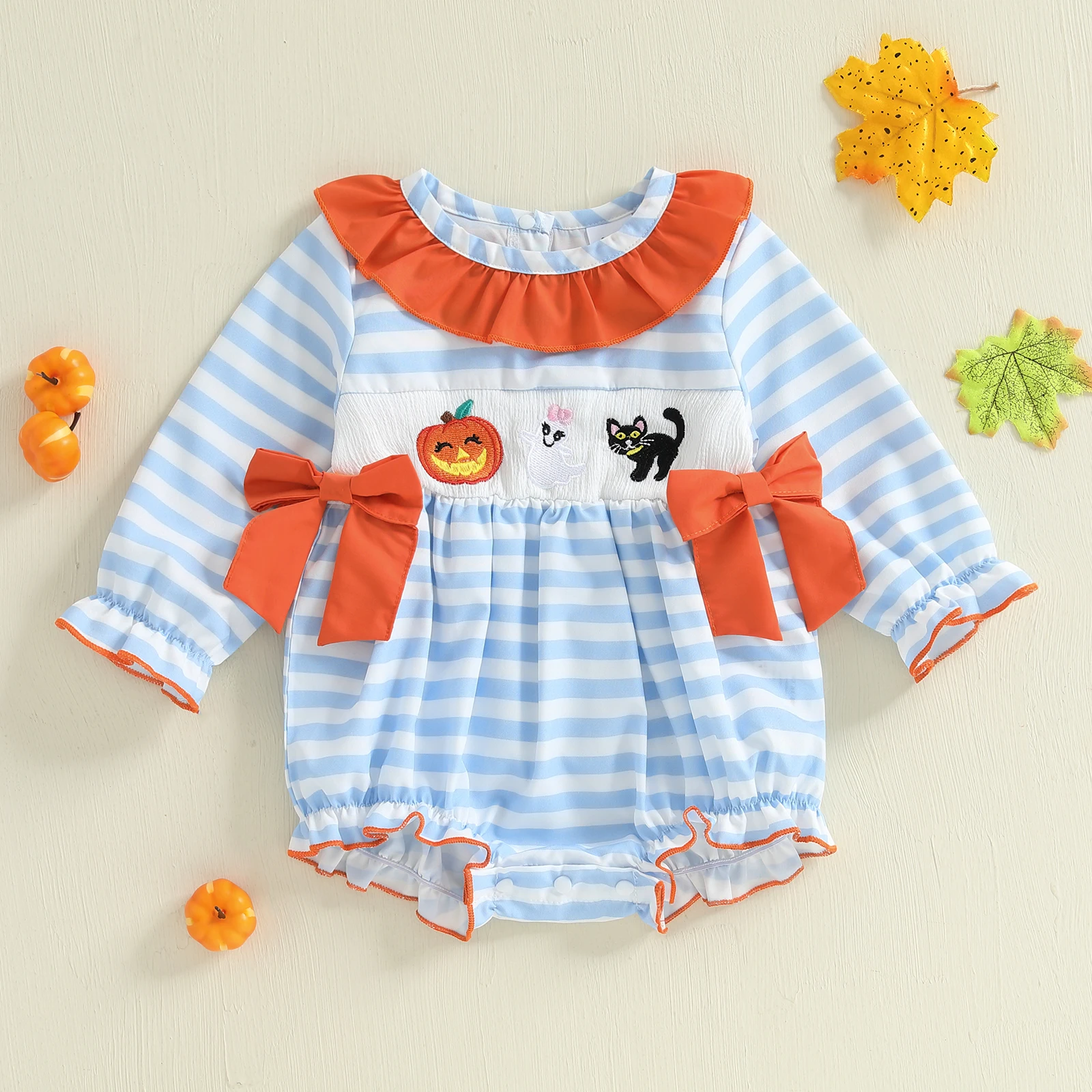

VISgogo Baby Girl Halloween Stripe Romper Pumpkin Cat Embroidery Long Sleeve Ruffled Round Neck Bow Decor Jumpsuit