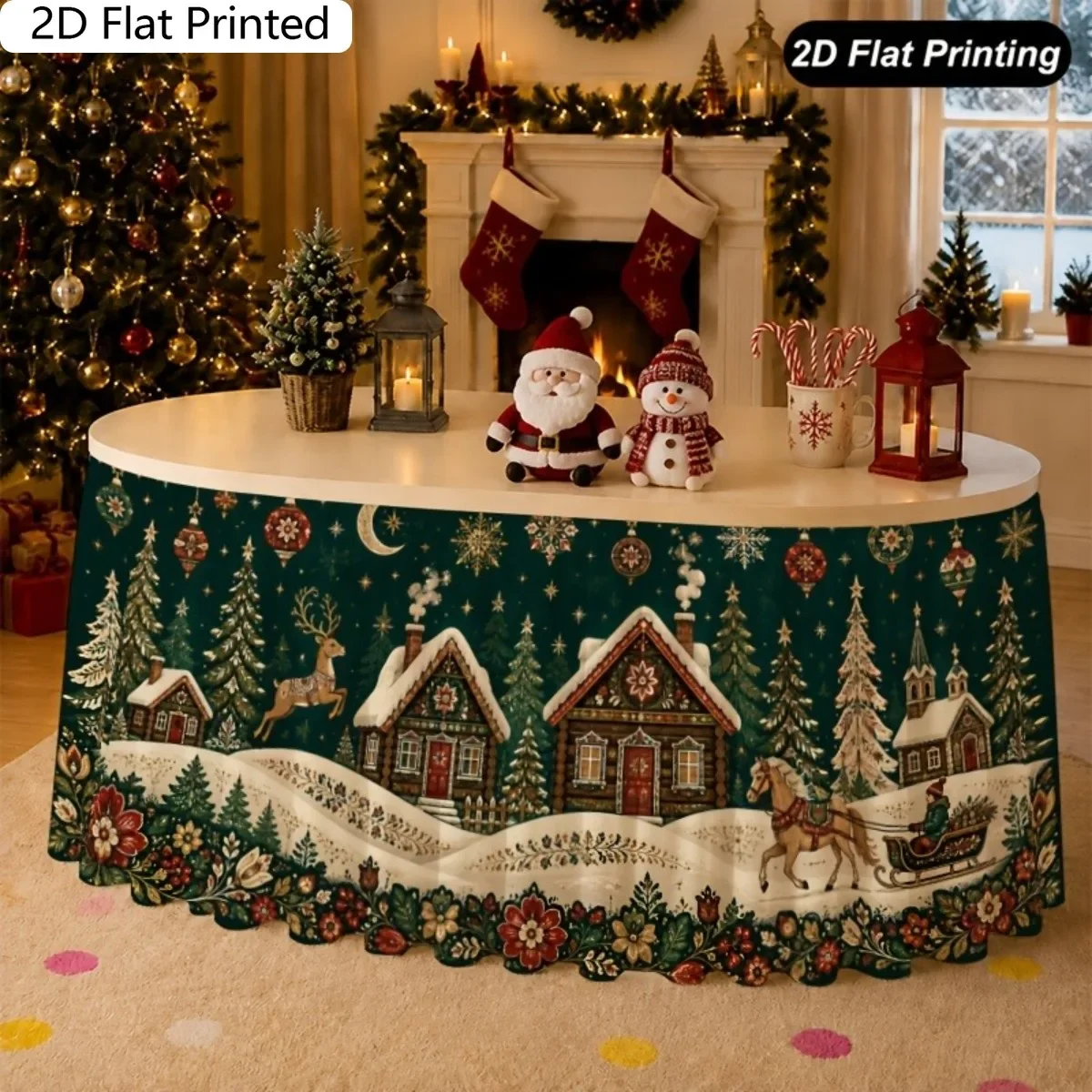 1. PC table skirt tablecloth  2D plane printing  Christmas table skirt  Winter village snow-covered area