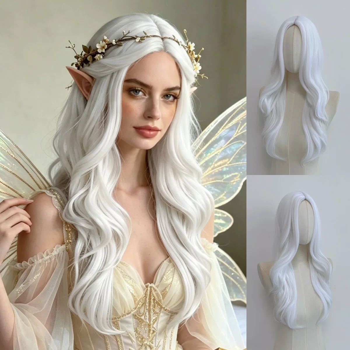White Large Wavy Synthetic Wig for Halloween Cosplay Wig for Role-Playing Daily Wear with High-Temperature Hairnet