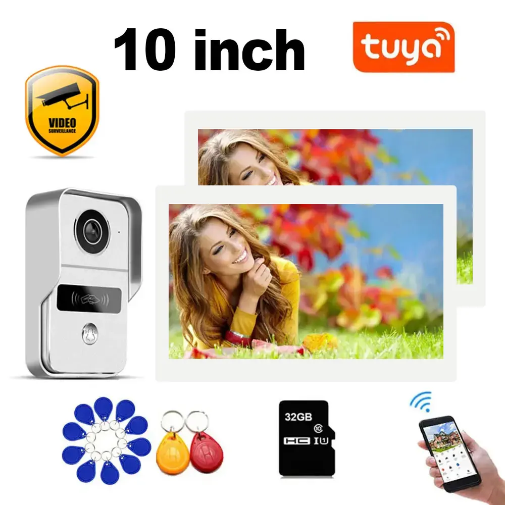 Tuya Smart Home Video Door sem fio, telefone Wi-Fi, sistema de controle de acesso RFID, Villa Apartment, 2 LCD Touch Screen, 1080P, 10\