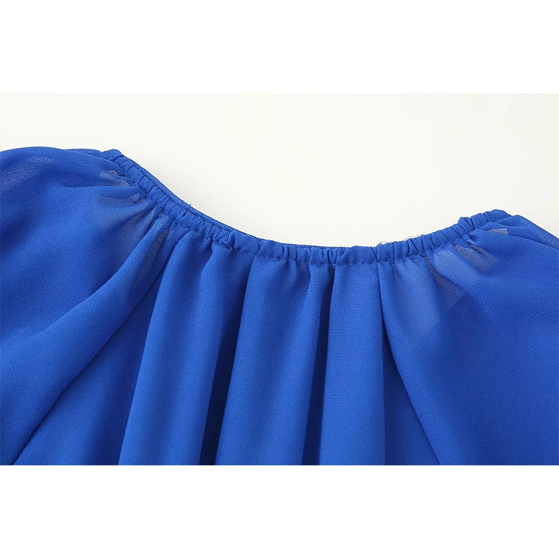 YENKYE 新しい女性ヴィンテージ弾性ウエストブルーロングドレスパフスリーブ V ネック A ラインホリデーカジュアルドレス秋マキシ Vestidos