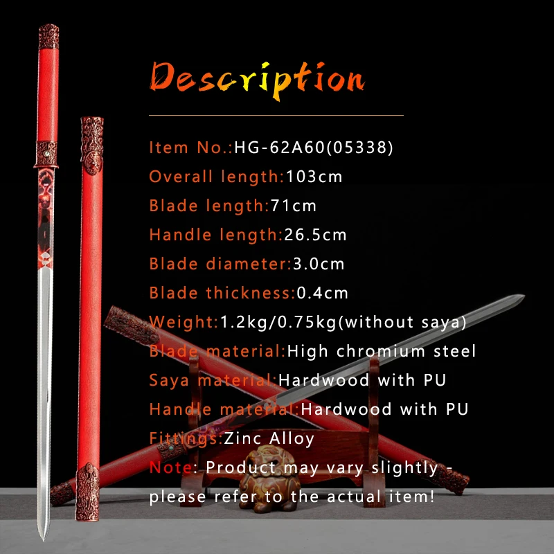 Chinese Nezha Theme Movie Tang Sword,High Manganese Steel,Red Leather Saya,Cosplay Home Decor Sword,Full Tang Shirasaya Prop view 2