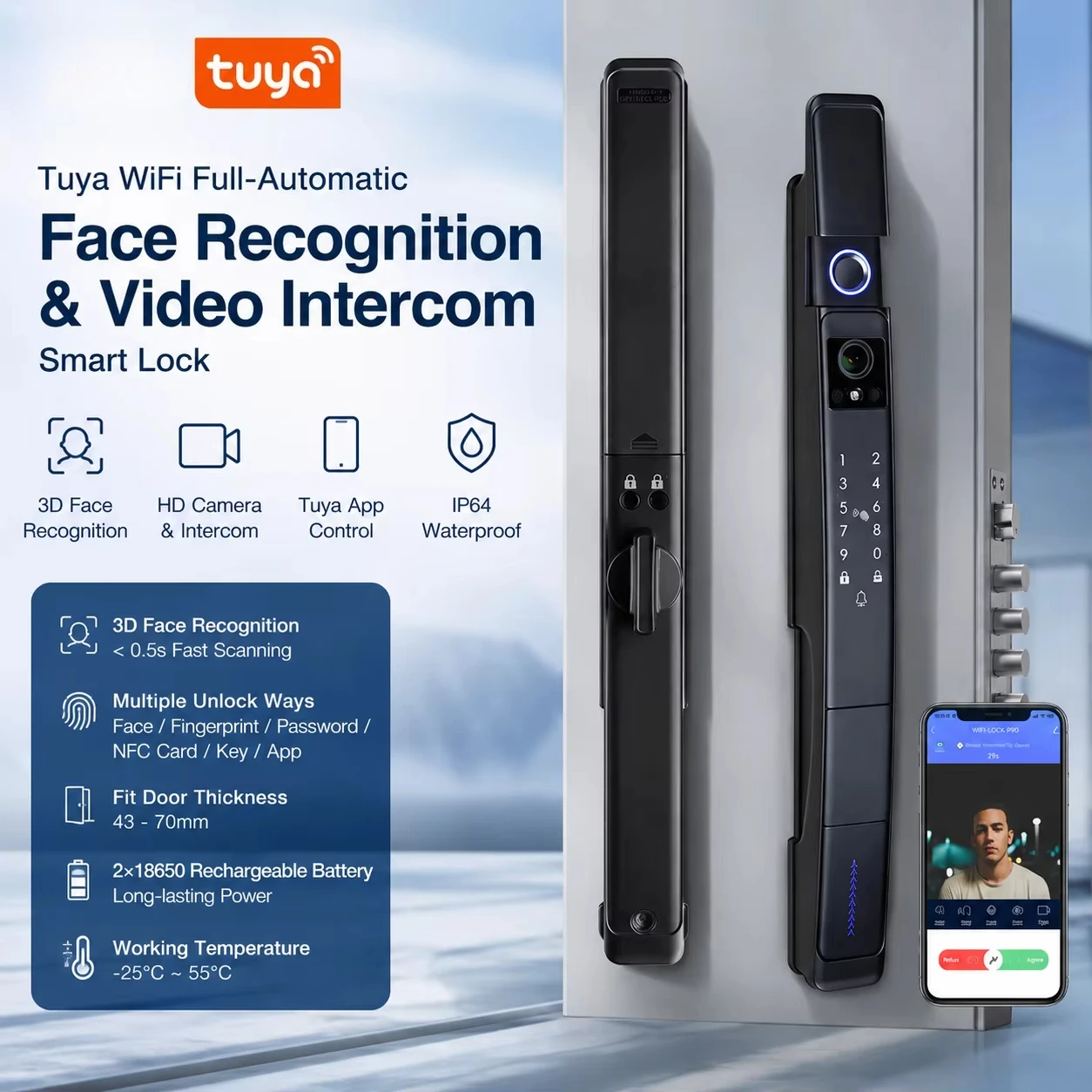 Tuya WiFi 3D Face Recognition Smart Door Lock With Camera Video Intercom Fingerprint Keypad For Hotel Steel Door