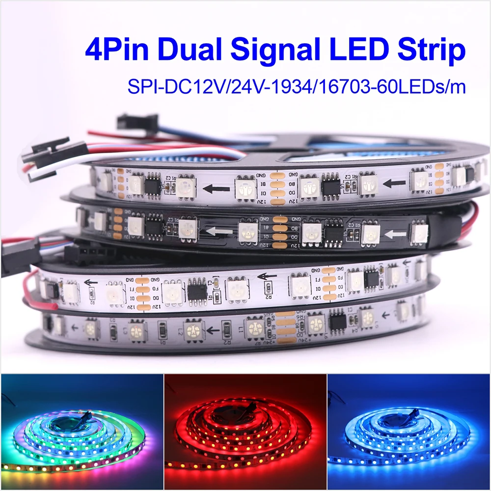 Breakpoint Resume 4Pin Dual Signal RGB Dream Color LED Strip DC12V 24V 60LEDs/m TM1934 SPI Addressable Light Tape IP20 IP65 IP67